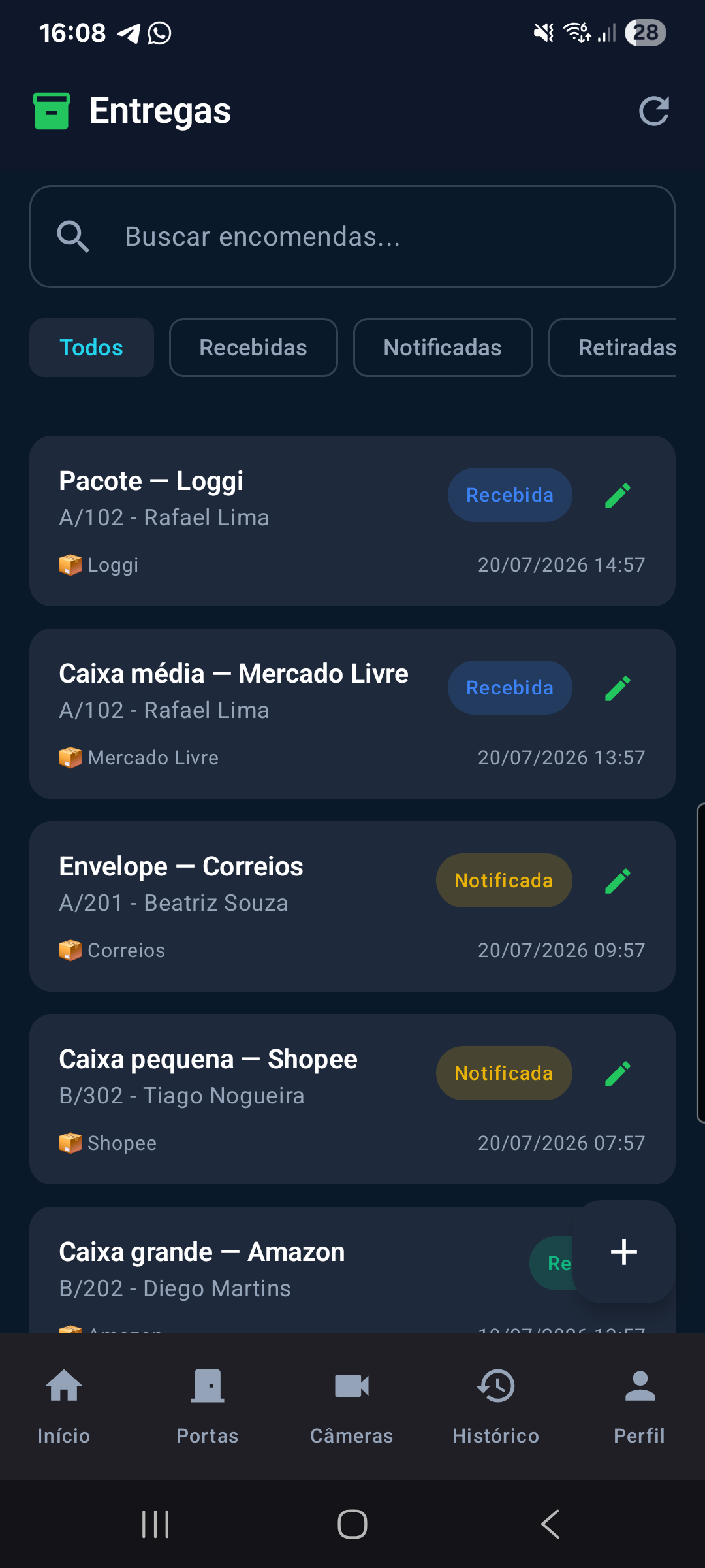 Tela de encomendas do app 3Ases Connect