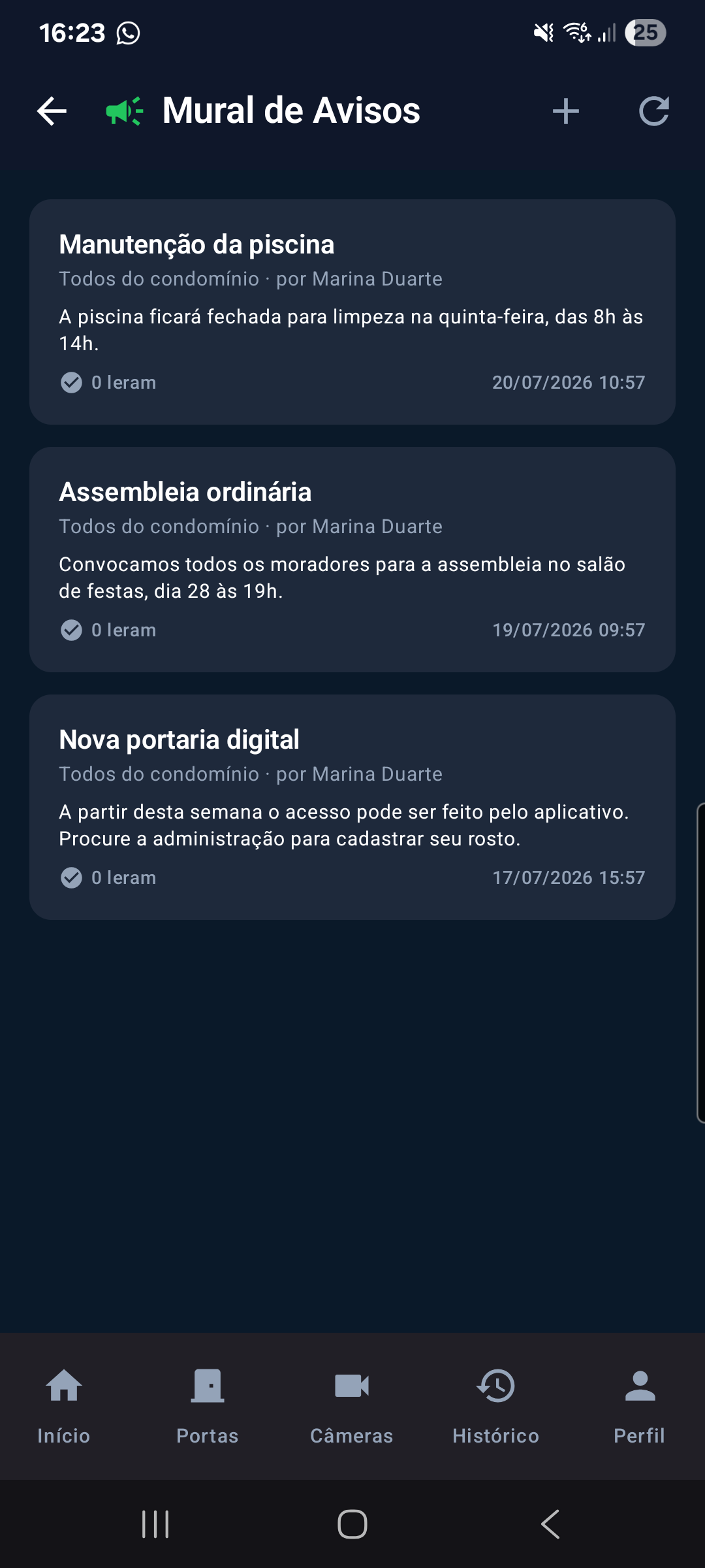Tela de mural de avisos do app 3Ases Connect