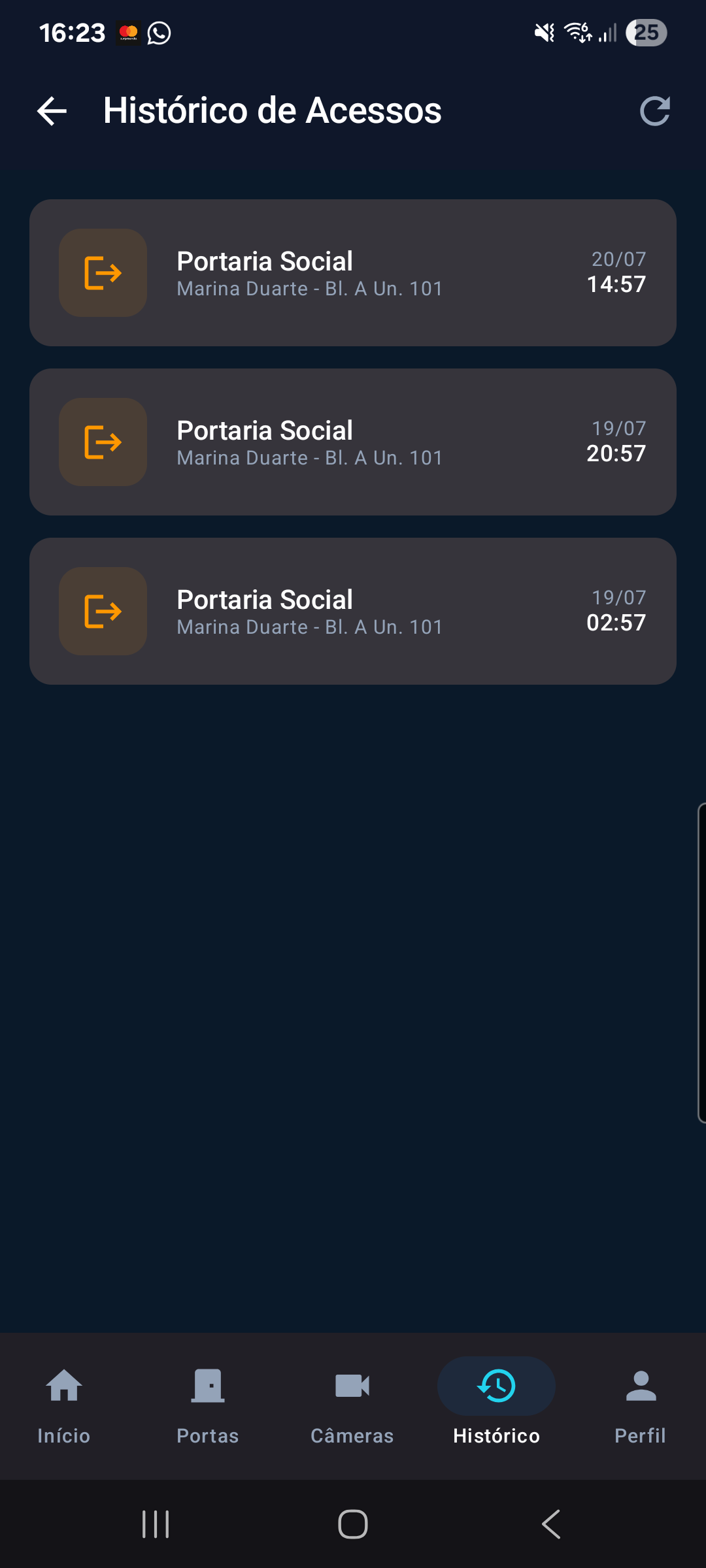 Tela de histórico de acessos do app 3Ases Connect